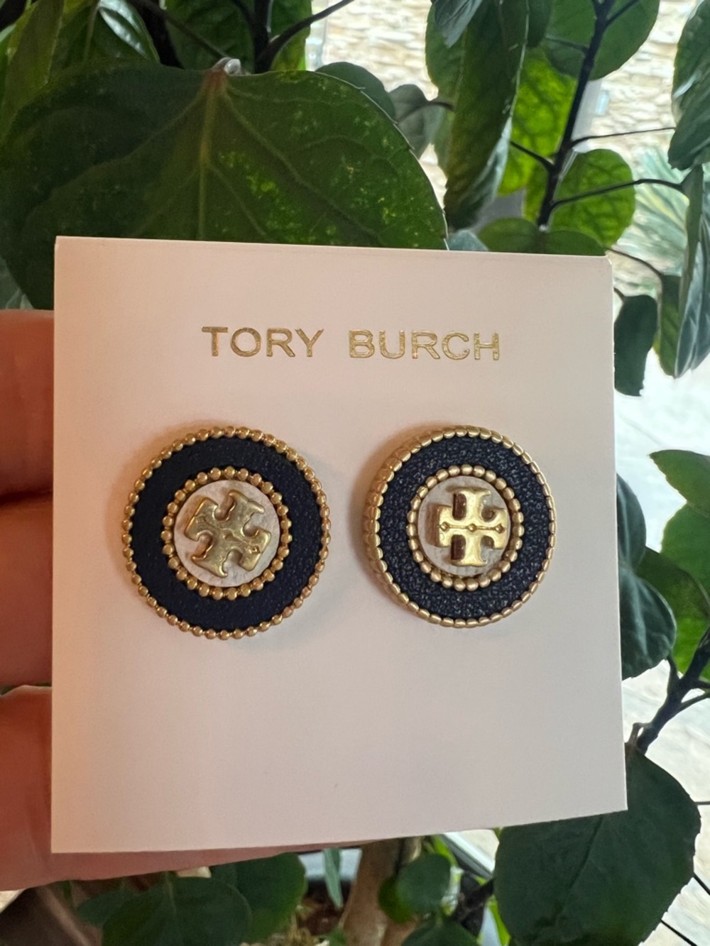 Tory Burch Navy and Gold Round Logo Stud Earrings